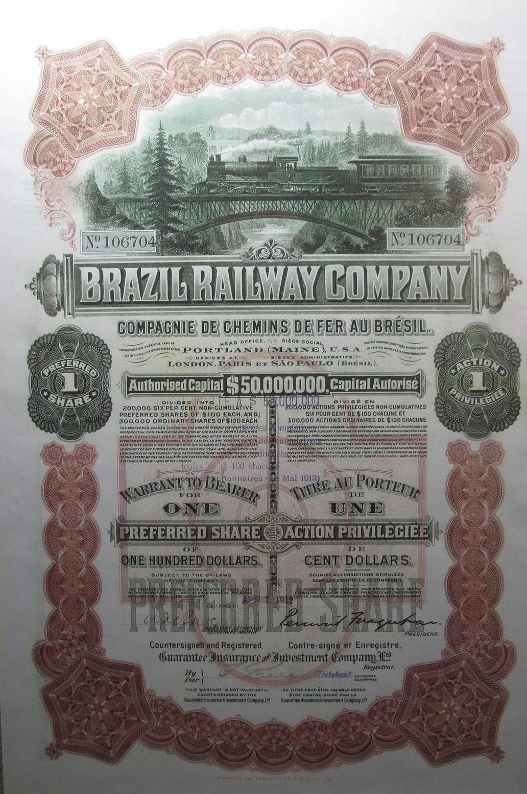 Brazil Railway Company, preferred share No. 106704, April 1912 — public domain
