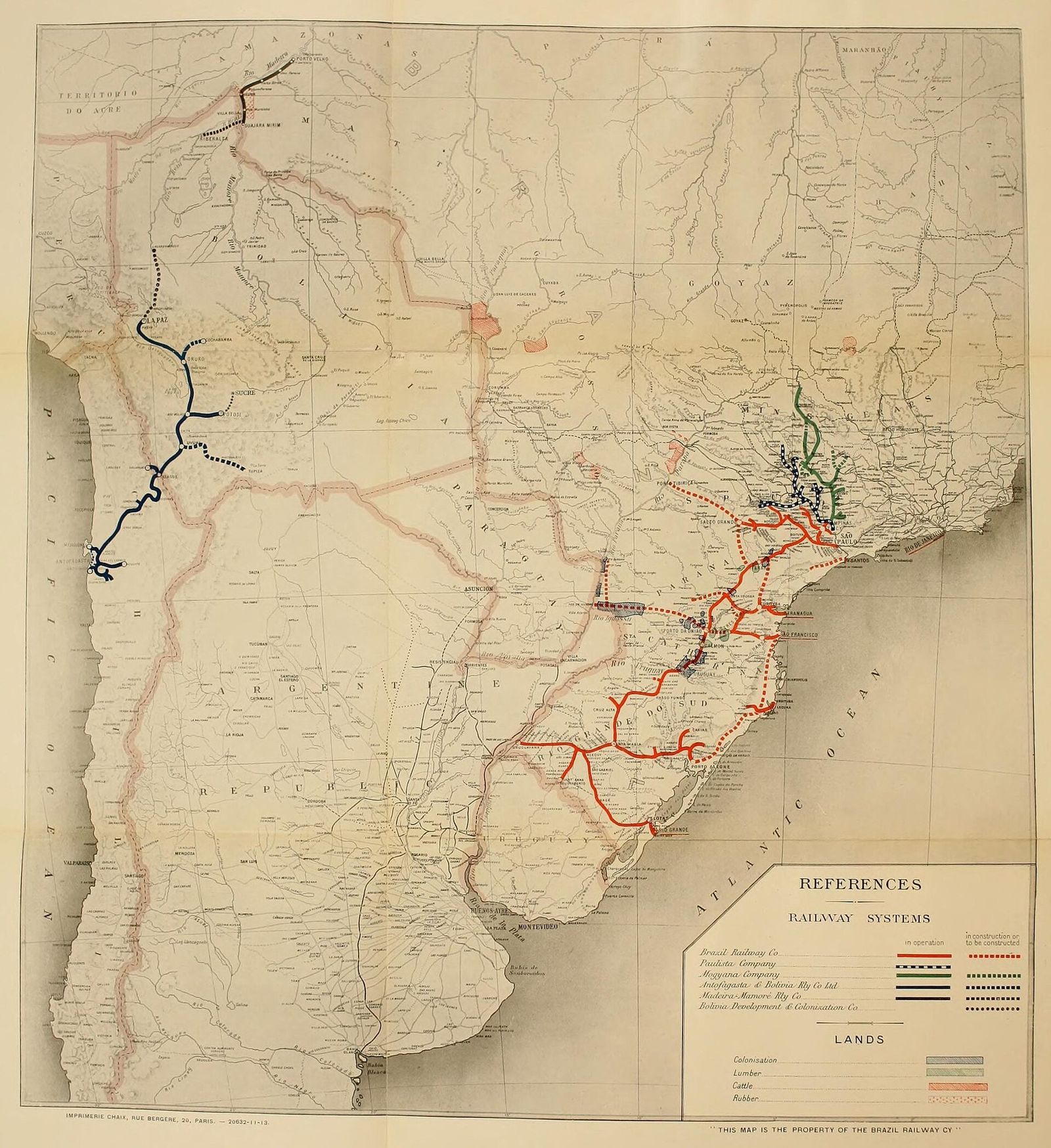Brazil Railway Company system map, Imprimerie Chaix, Paris, 1913 — public domain